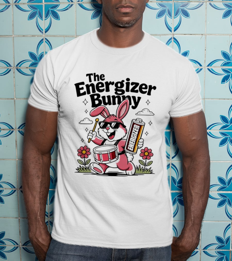 The Energizer Bunny Playing Drum Cartoon Pink Rabbit Sunglasses Drumming With Battery And Flowers T-Shirt