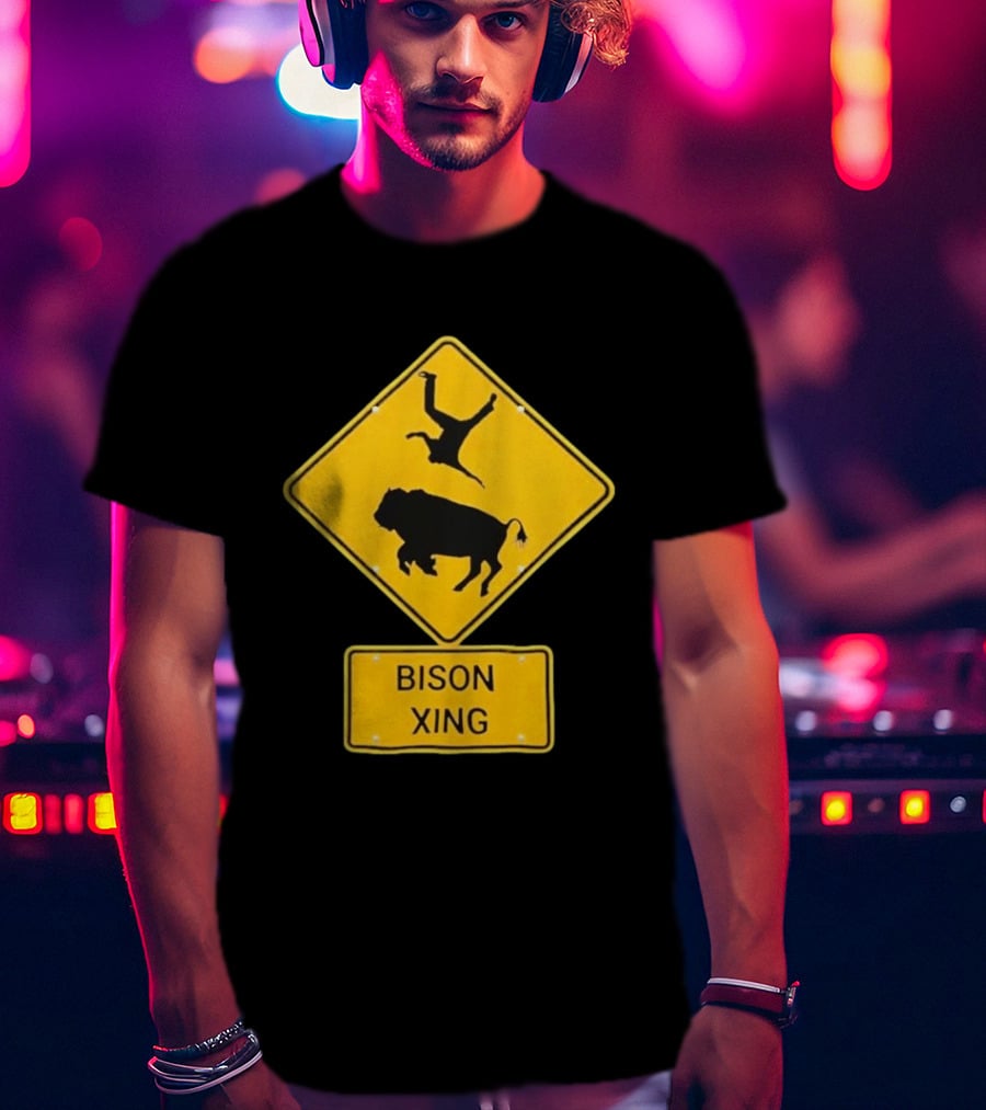 Bison Xing Road Sign With Pedestrian Warning T-Shirt