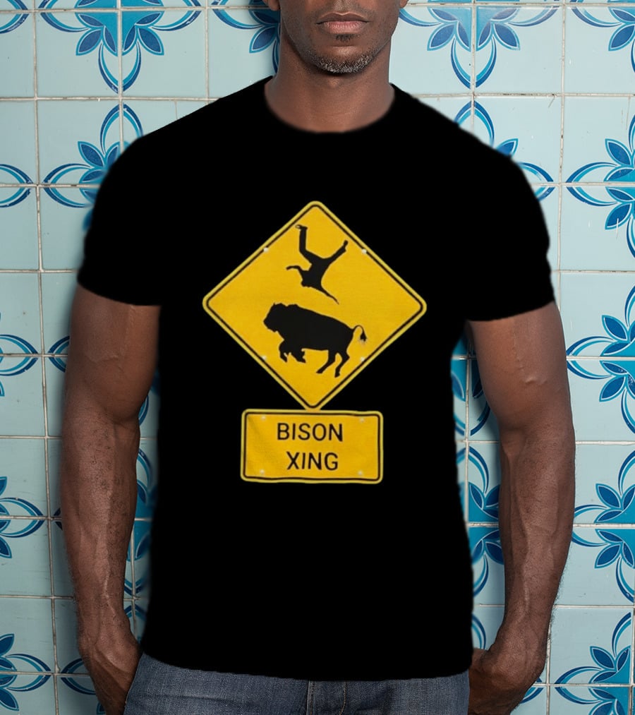 Bison Xing Road Sign With Pedestrian Warning T-Shirt