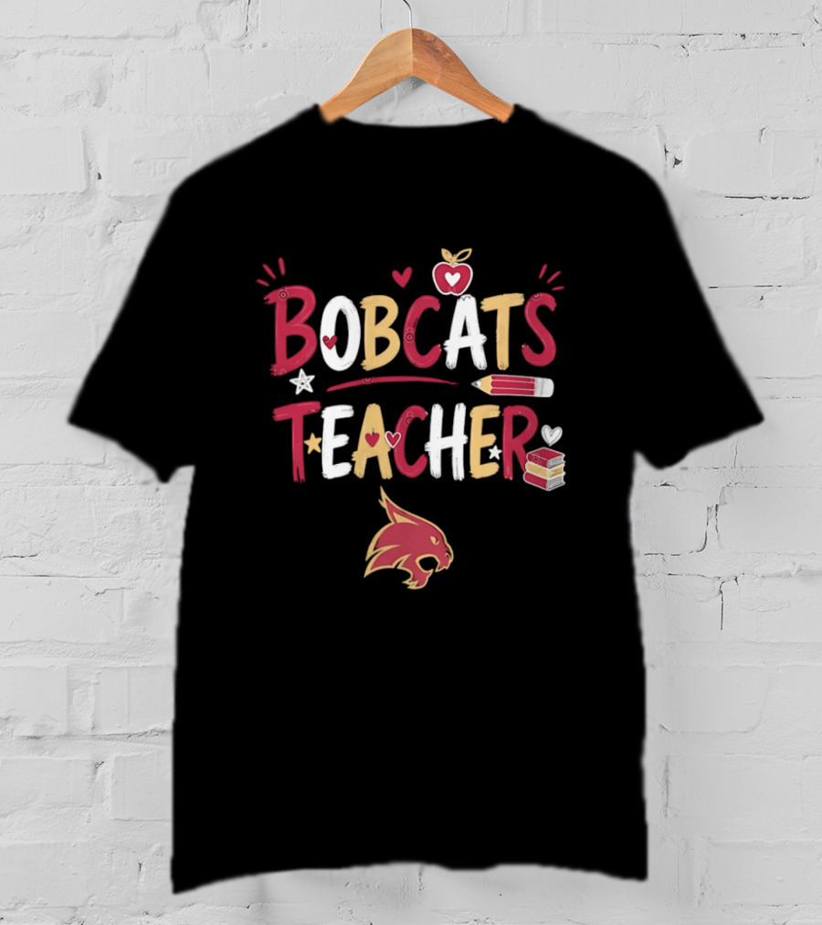 Bobcats Teacher School Spirit Heart Pencil Books Stars T-Shirt
