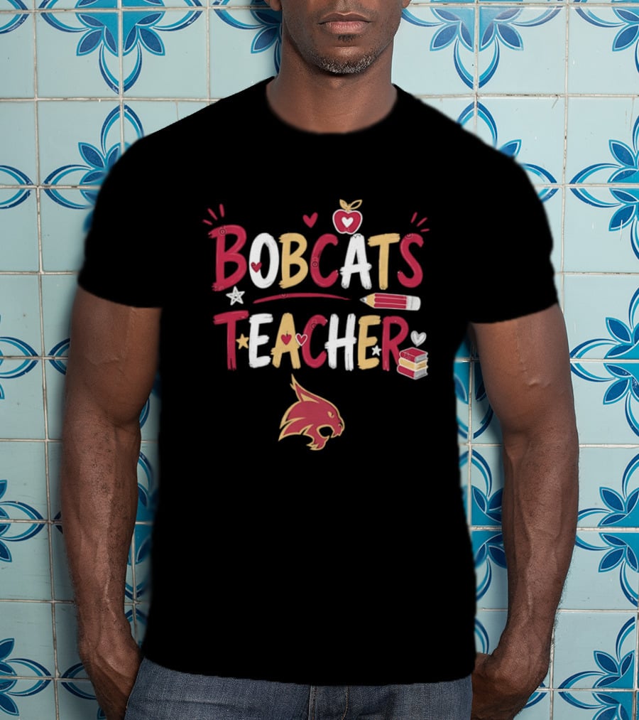 Bobcats Teacher School Spirit Heart Pencil Books Stars T-Shirt