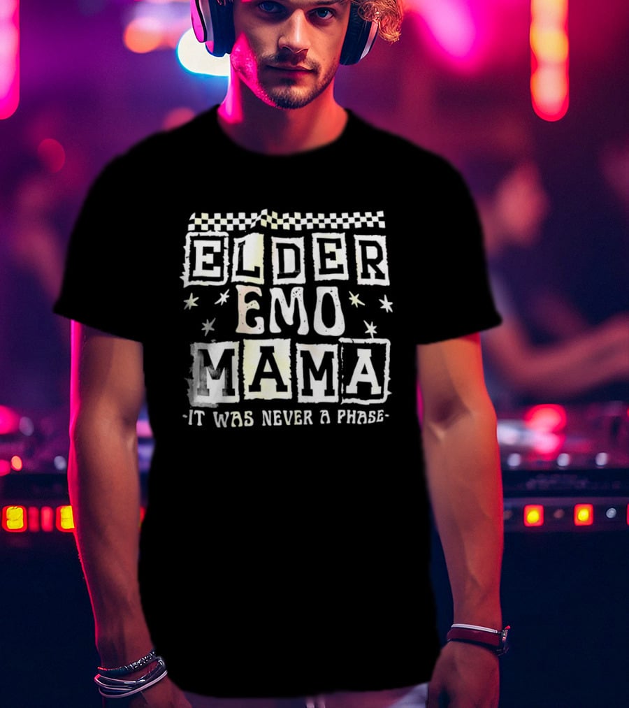 Elder Emo Mama It Was Never A Phase Vintage Retro Checkerboard Star Emo Font T-Shirt