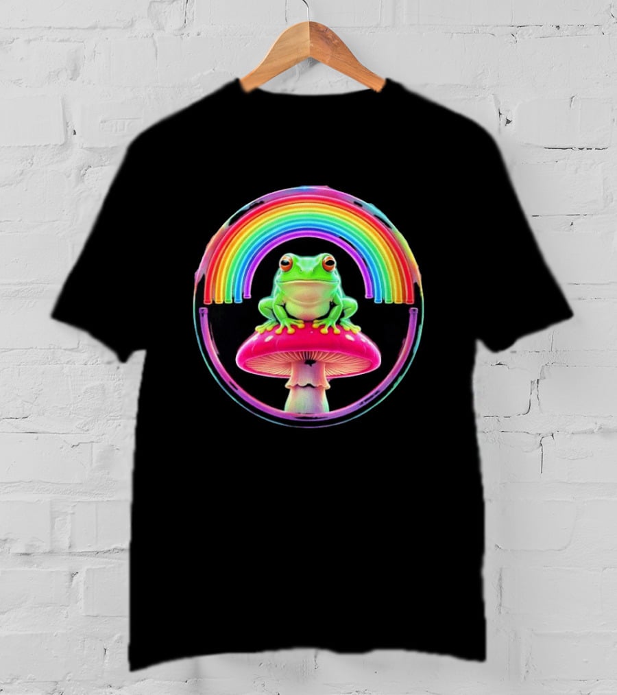 Neon Frog On Mushroom Under Vibrant Rainbow Circle T-Shirt