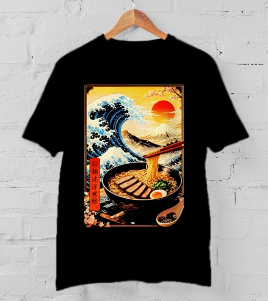 Great Wave Ramen Ukiyo E Japanese Noodles Cherry Blossoms Sun Mountain T-Shirt
