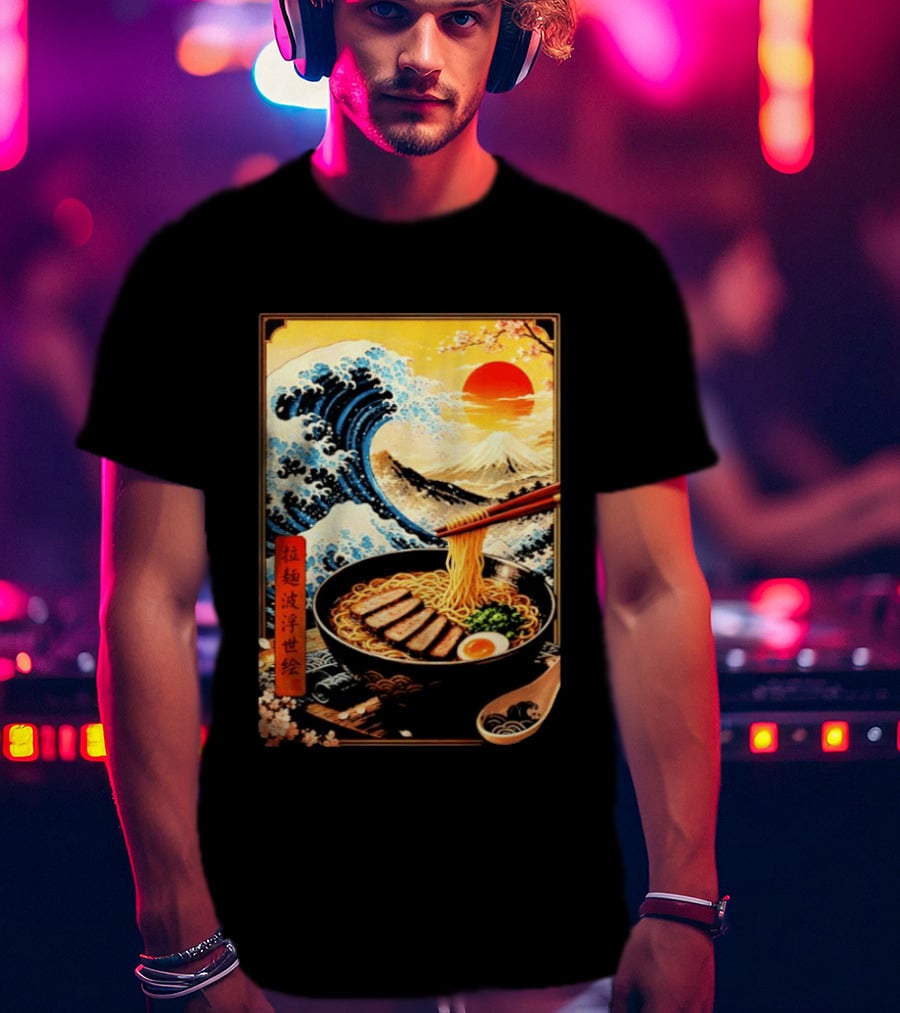 Great Wave Ramen Ukiyo E Japanese Noodles Cherry Blossoms Sun Mountain T-Shirt