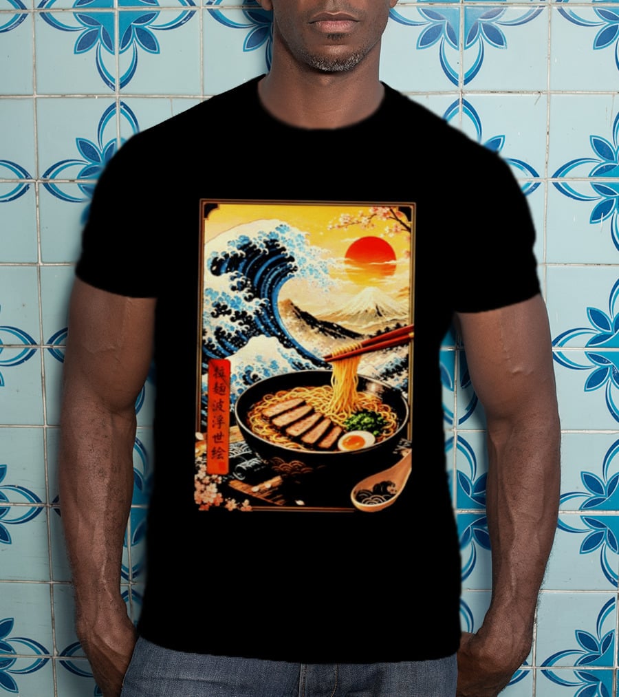 Great Wave Ramen Ukiyo E Japanese Noodles Cherry Blossoms Sun Mountain T-Shirt