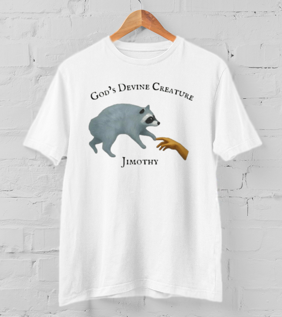 God's Divine Creature Raccoon Jimothy Meme Creation Of Adam T-Shirt