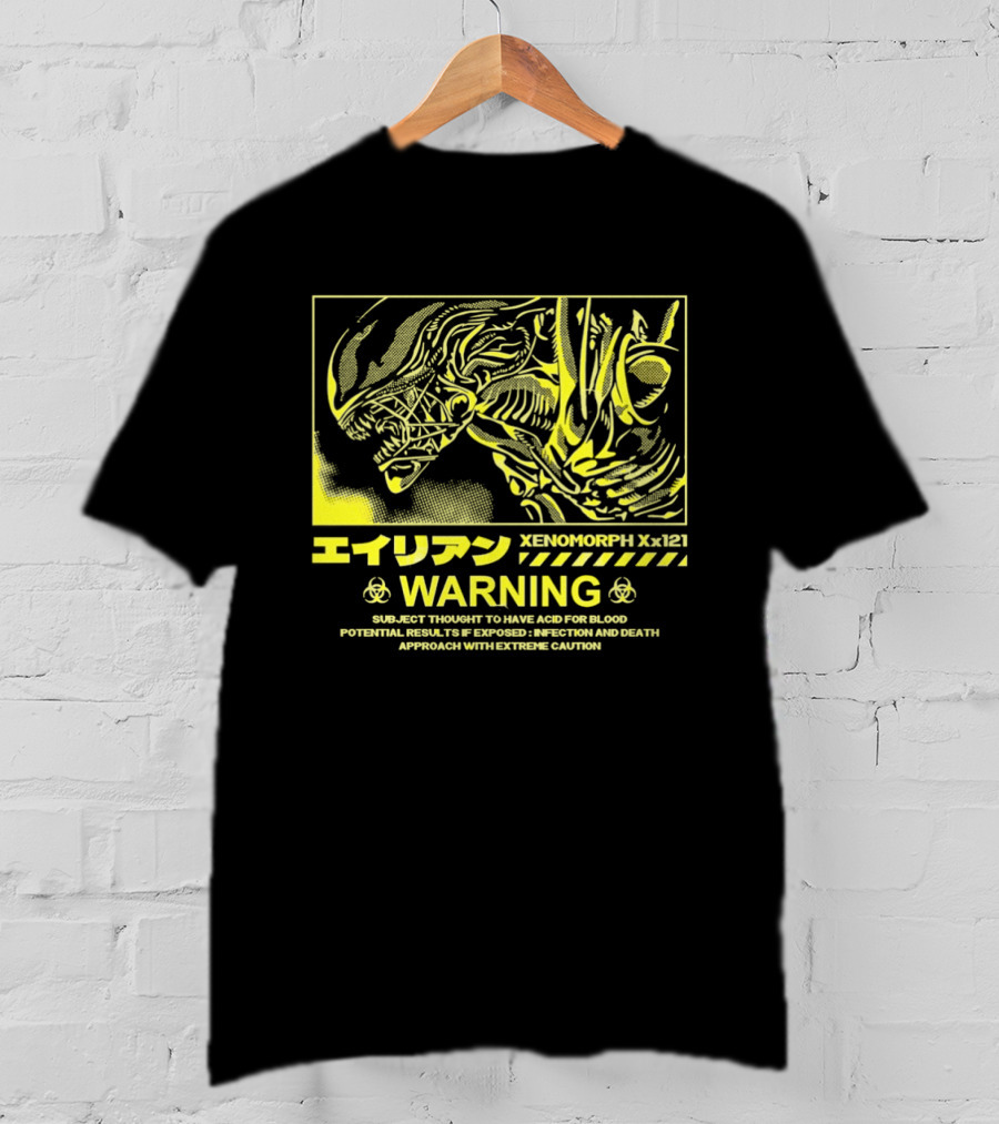 Alien Xenomorph Xx121 Acid Blood Warning Hazard Japan Text Yellow T-Shirt