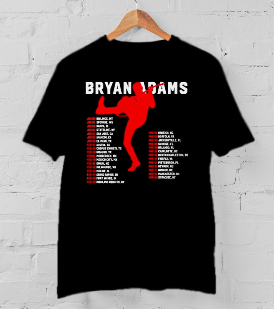 Bryan Adams Kicking Guitar With 2023 Tour Dates And Cities T-Shirt