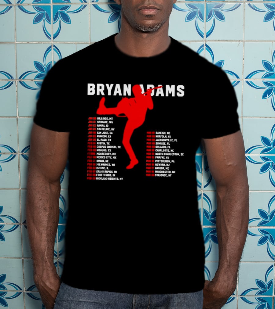 Bryan Adams Kicking Guitar With 2023 Tour Dates And Cities T-Shirt