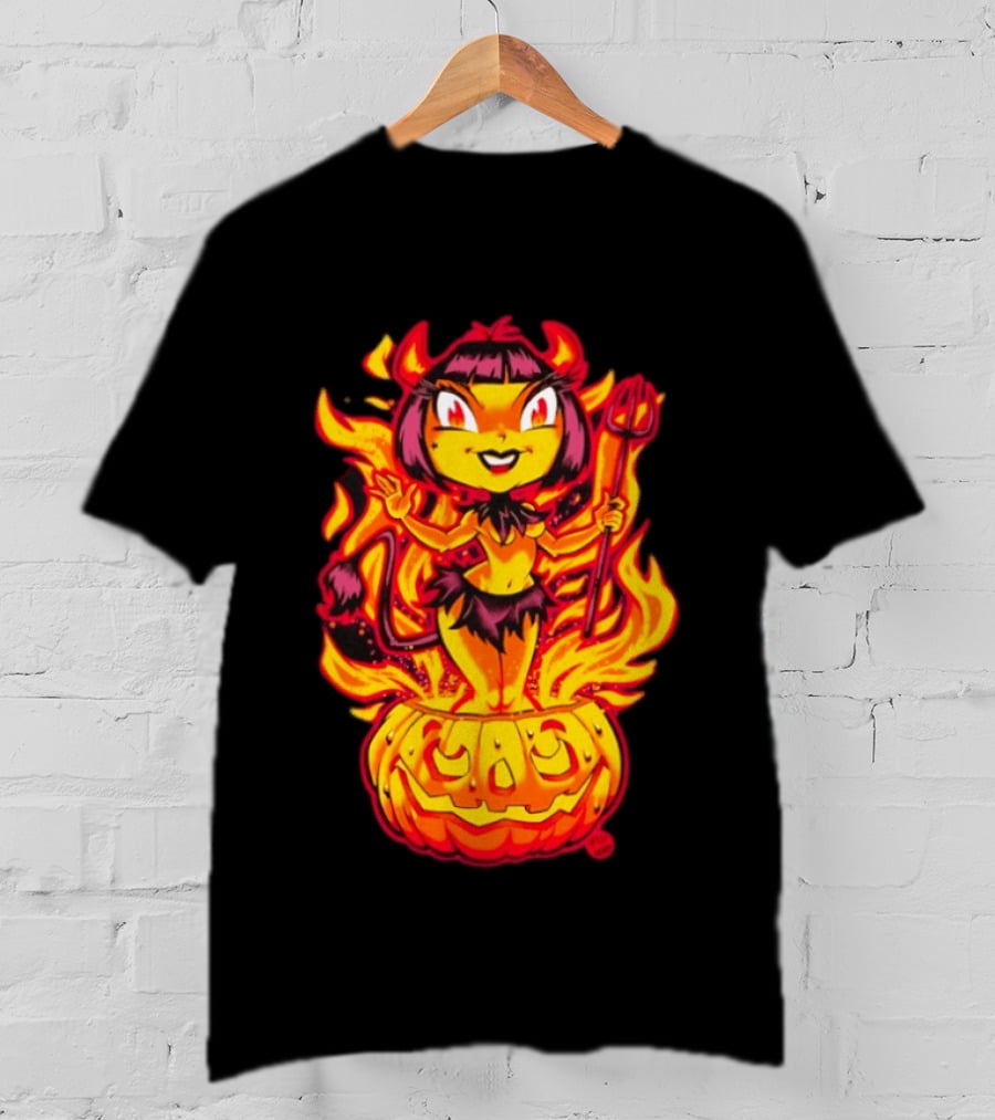 Devil Girl In Jack O' Lantern Halloween Flames With Pitchfork And Tail T-Shirt