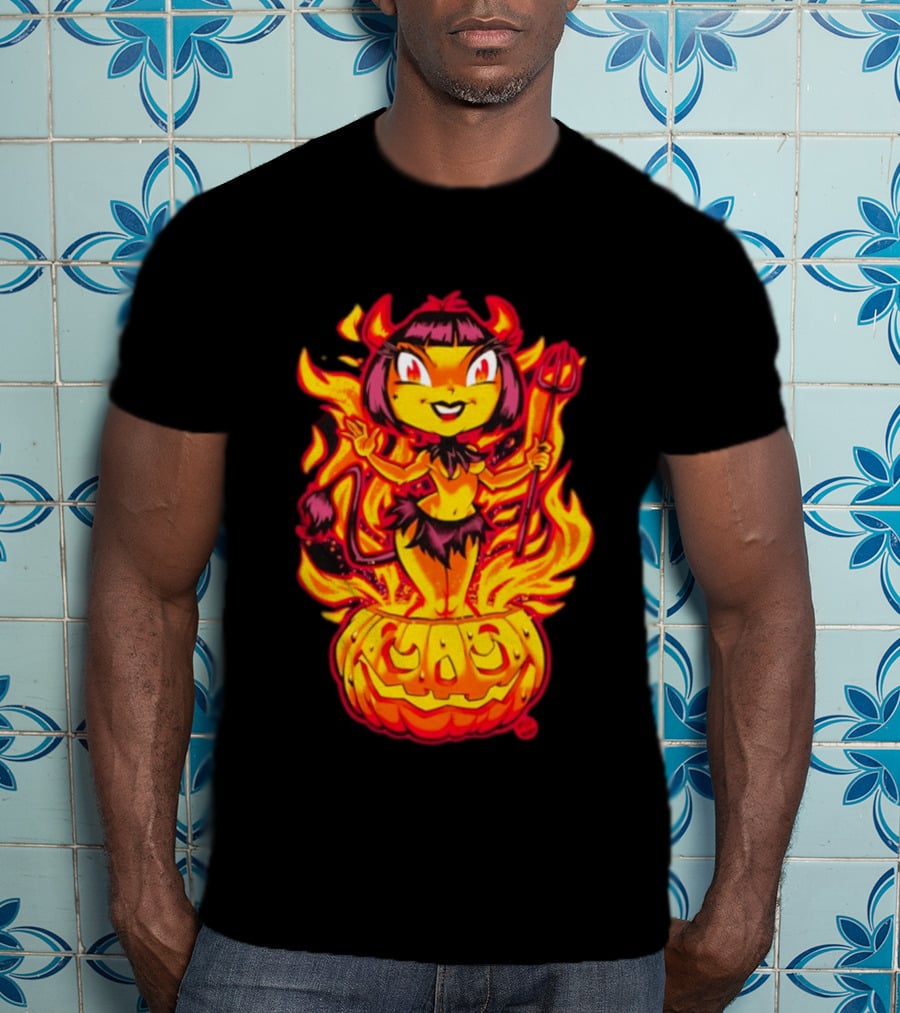 Devil Girl In Jack O' Lantern Halloween Flames With Pitchfork And Tail T-Shirt