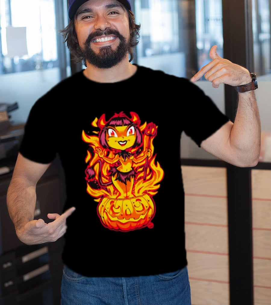 Devil Girl In Jack O' Lantern Halloween Flames With Pitchfork And Tail T-Shirt