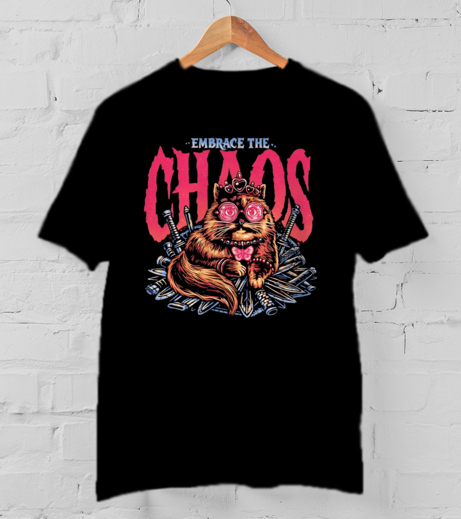 Embrace The Chaos Cat Pink Crown Daggers Funny Feline T-Shirt