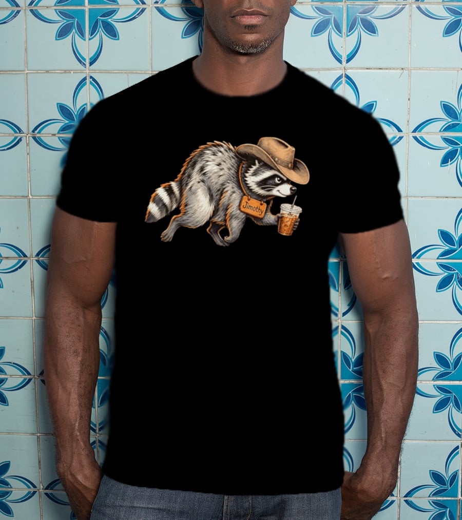 Jimothy Raccoon Cowboy With Iced Coffee T-Shirt