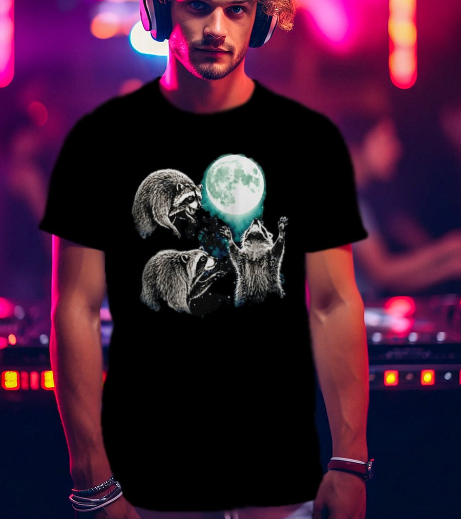 Jimothy Raccoon Moon Space Wolf Moon Trio Reaching For Full Moon T-Shirt
