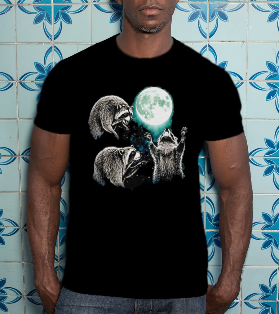 Jimothy Raccoon Moon Space Wolf Moon Trio Reaching For Full Moon T-Shirt