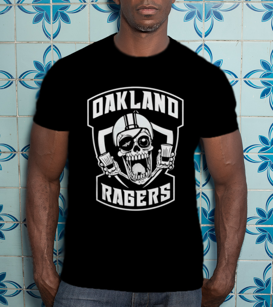 Oakland Ragers Skull With Eye Patch Holding Drinks T-Shirt