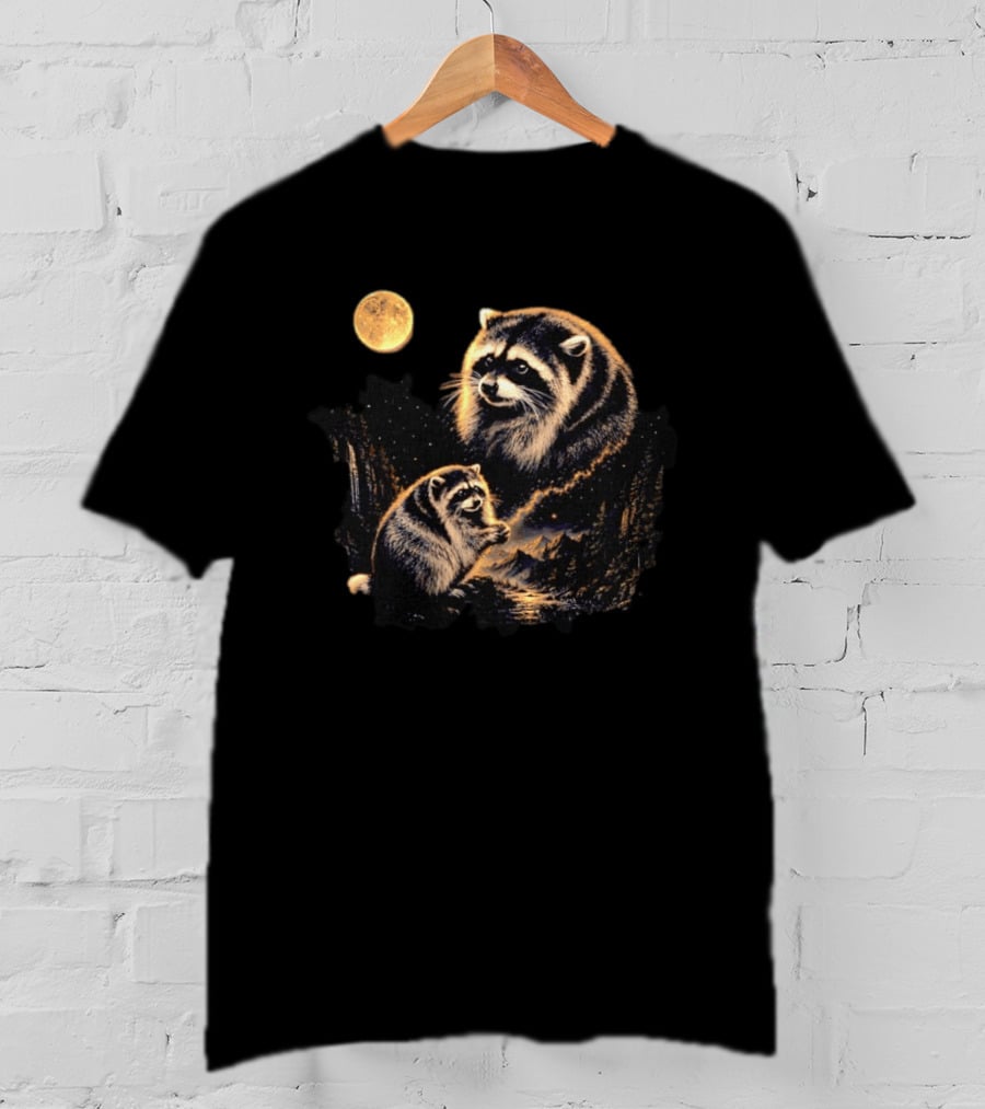 Raccoon And Moonlit Night Forest Wildlife Scene T-Shirt