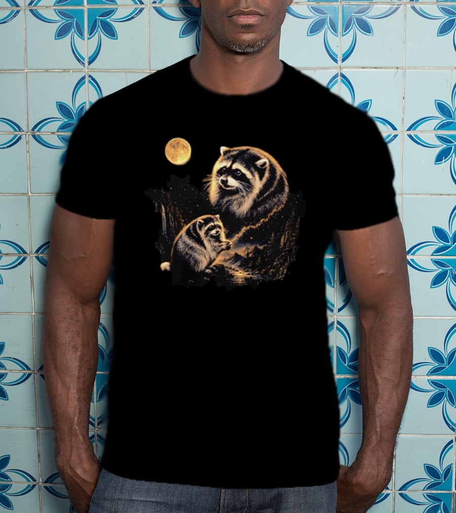 Raccoon And Moonlit Night Forest Wildlife Scene T-Shirt