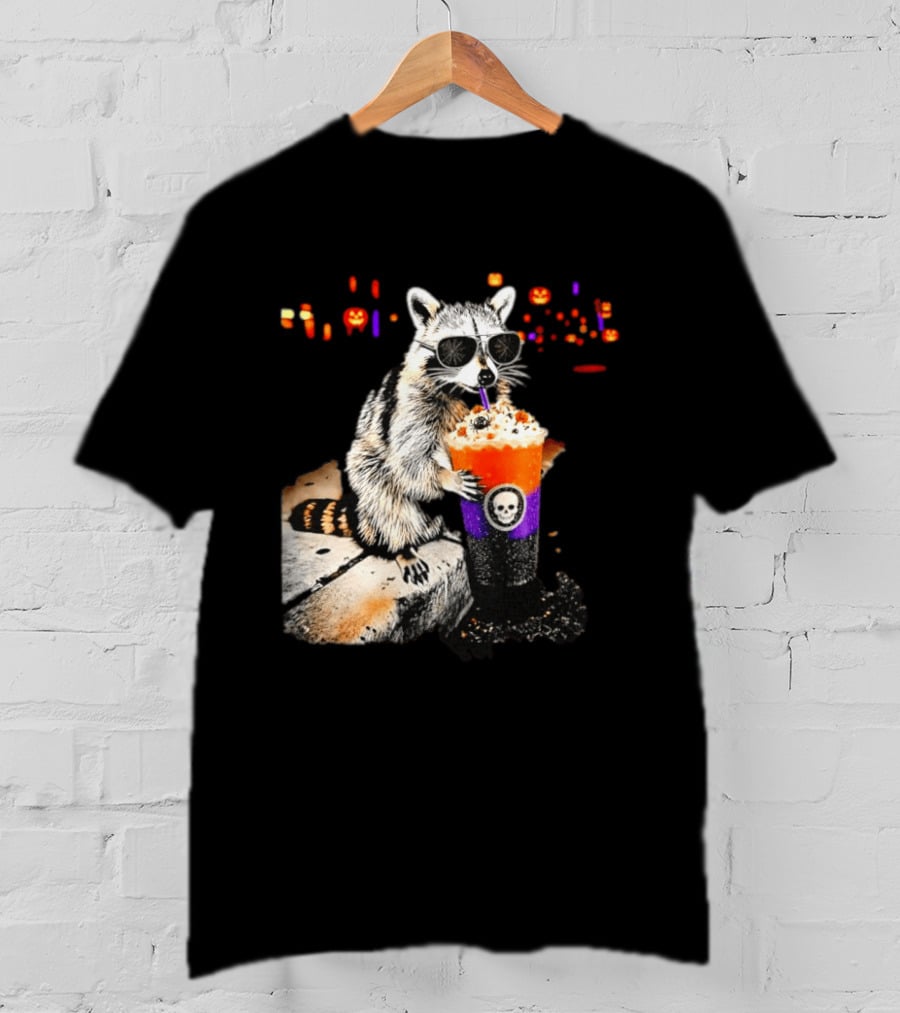 Raccoon With Sunglasses Enjoying Halloween Frappe With Skull Cup And Pumpkin T-Shirt