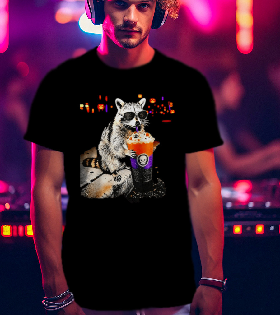 Raccoon With Sunglasses Enjoying Halloween Frappe With Skull Cup And Pumpkin T-Shirt