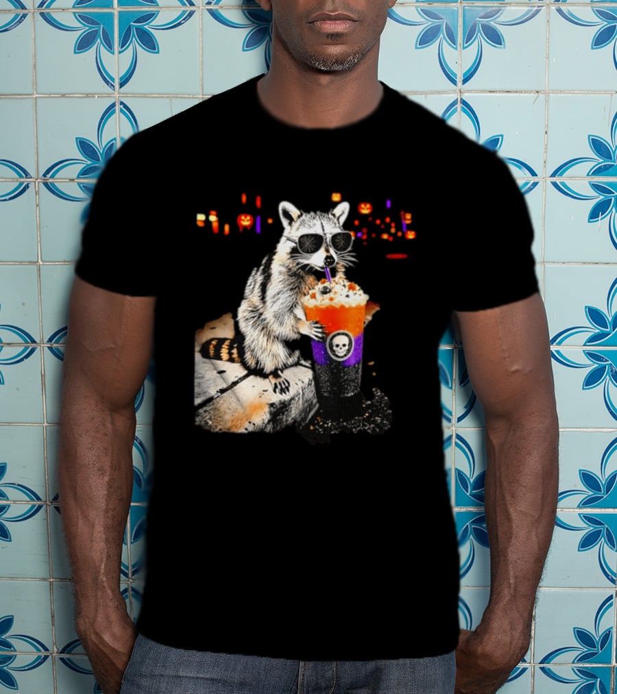 Raccoon With Sunglasses Enjoying Halloween Frappe With Skull Cup And Pumpkin T-Shirt