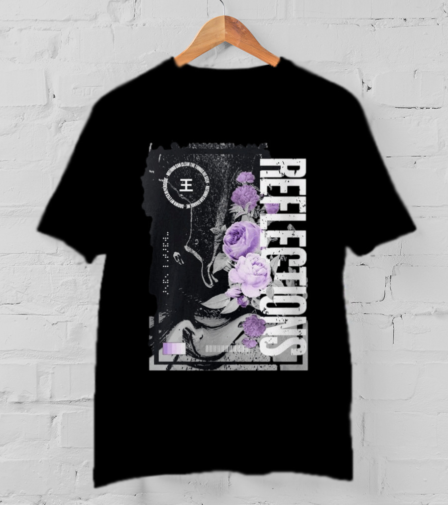 Reflections Peroxide Floral Typography With Purple Roses And Abstract Black And White T-Shirt