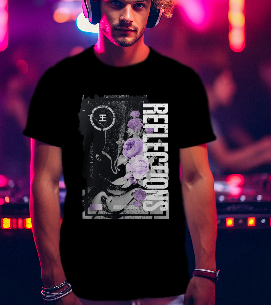 Reflections Peroxide Floral Typography With Purple Roses And Abstract Black And White T-Shirt