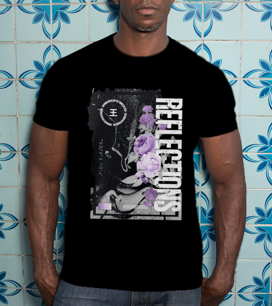 Reflections Peroxide Floral Typography With Purple Roses And Abstract Black And White T-Shirt