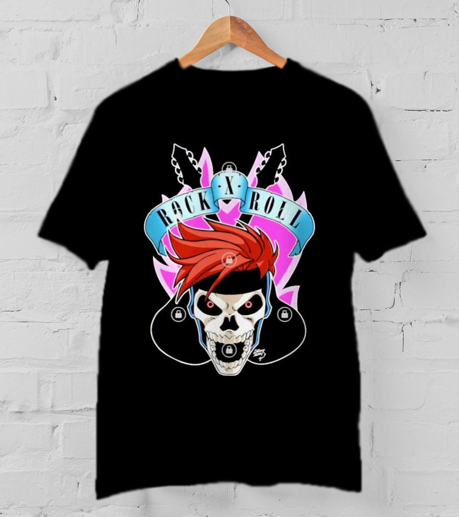 Rock X Roll Skull Electric Guitar Red Hair T-Shirt