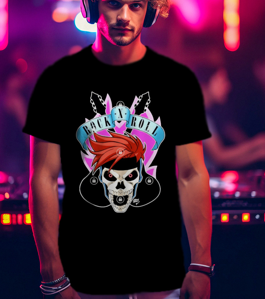 Rock X Roll Skull Electric Guitar Red Hair T-Shirt