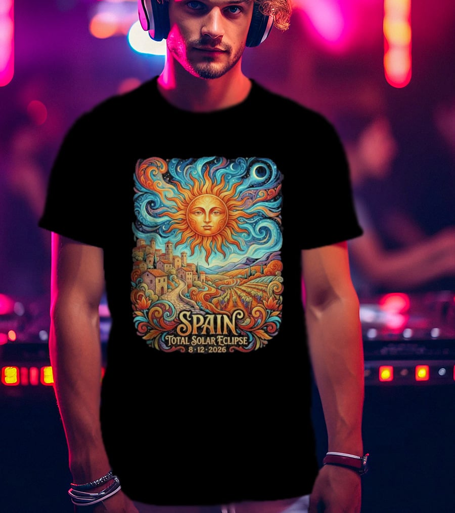 Spain Total Solar Eclipse 8 12 2026 Sun And Moon Celestial Village T-Shirt