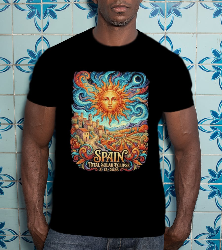Spain Total Solar Eclipse 8 12 2026 Sun And Moon Celestial Village T-Shirt