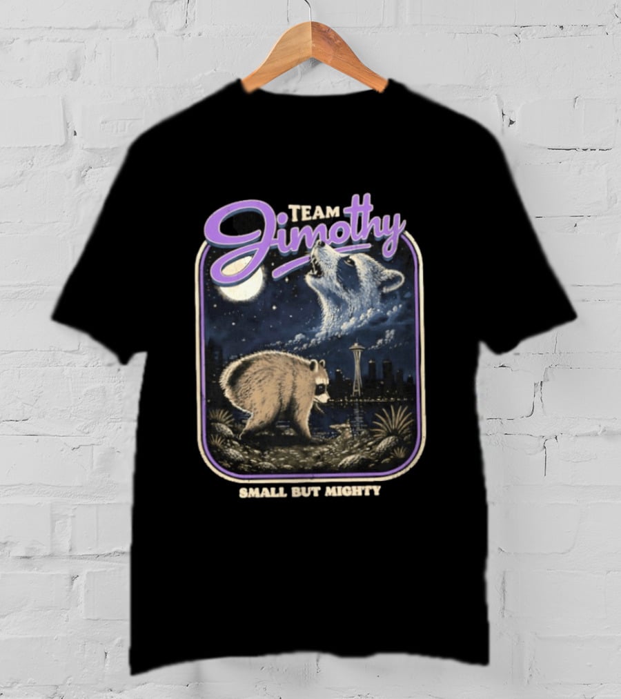 Team Jimothy Small But Mighty Raccoon Cityscape At Night Seattle Tower T-Shirt