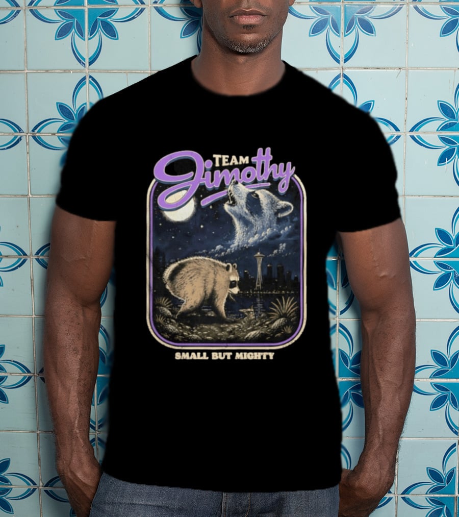 Team Jimothy Small But Mighty Raccoon Cityscape At Night Seattle Tower T-Shirt