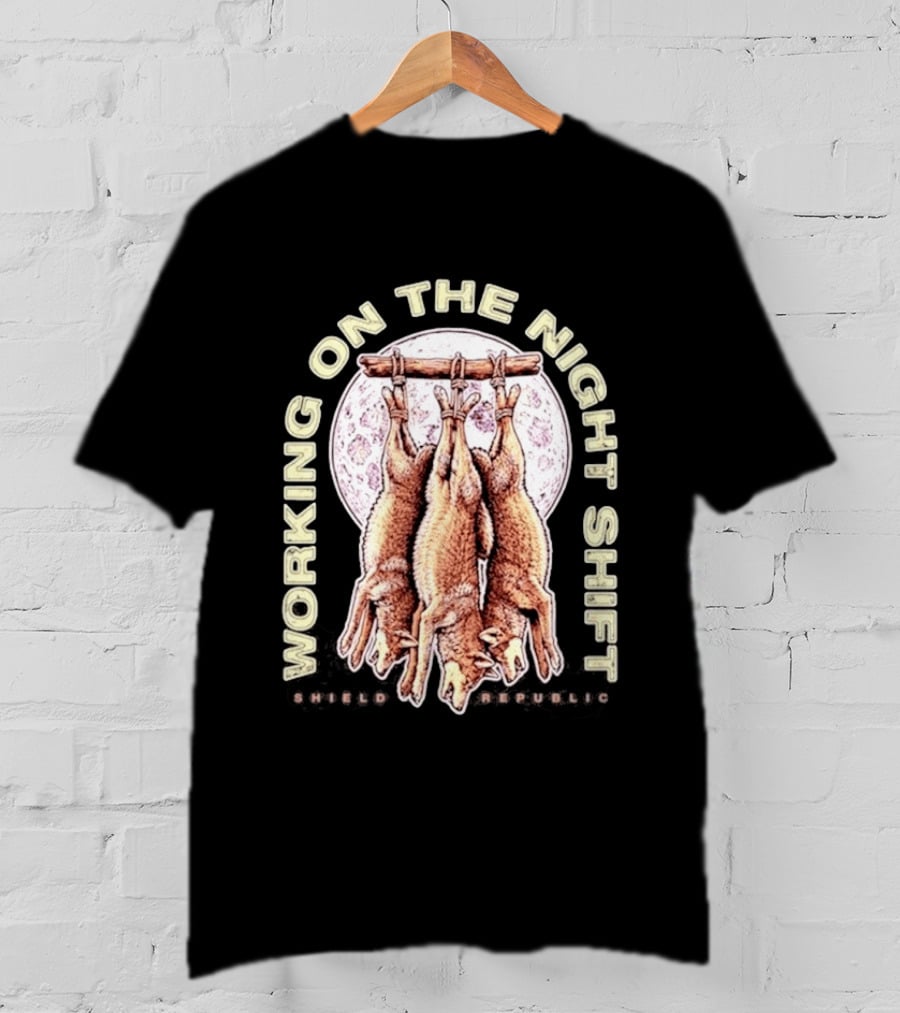 Working On The Night Shift Shield Republic Hanging Coyotes Full Moon T-Shirt