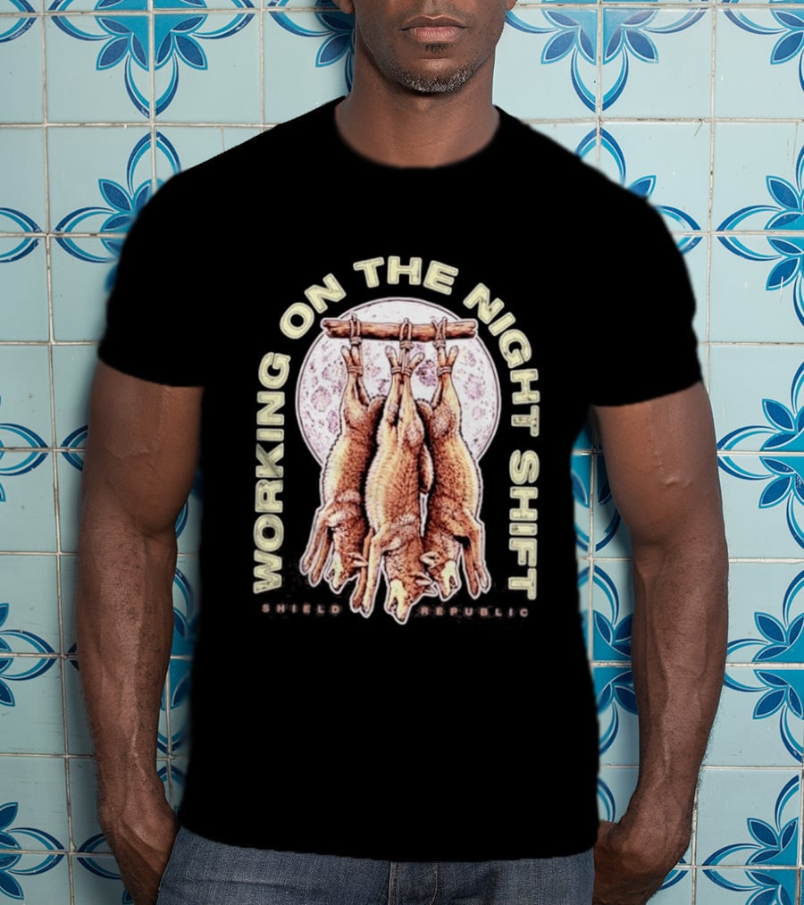 Working On The Night Shift Shield Republic Hanging Coyotes Full Moon T-Shirt