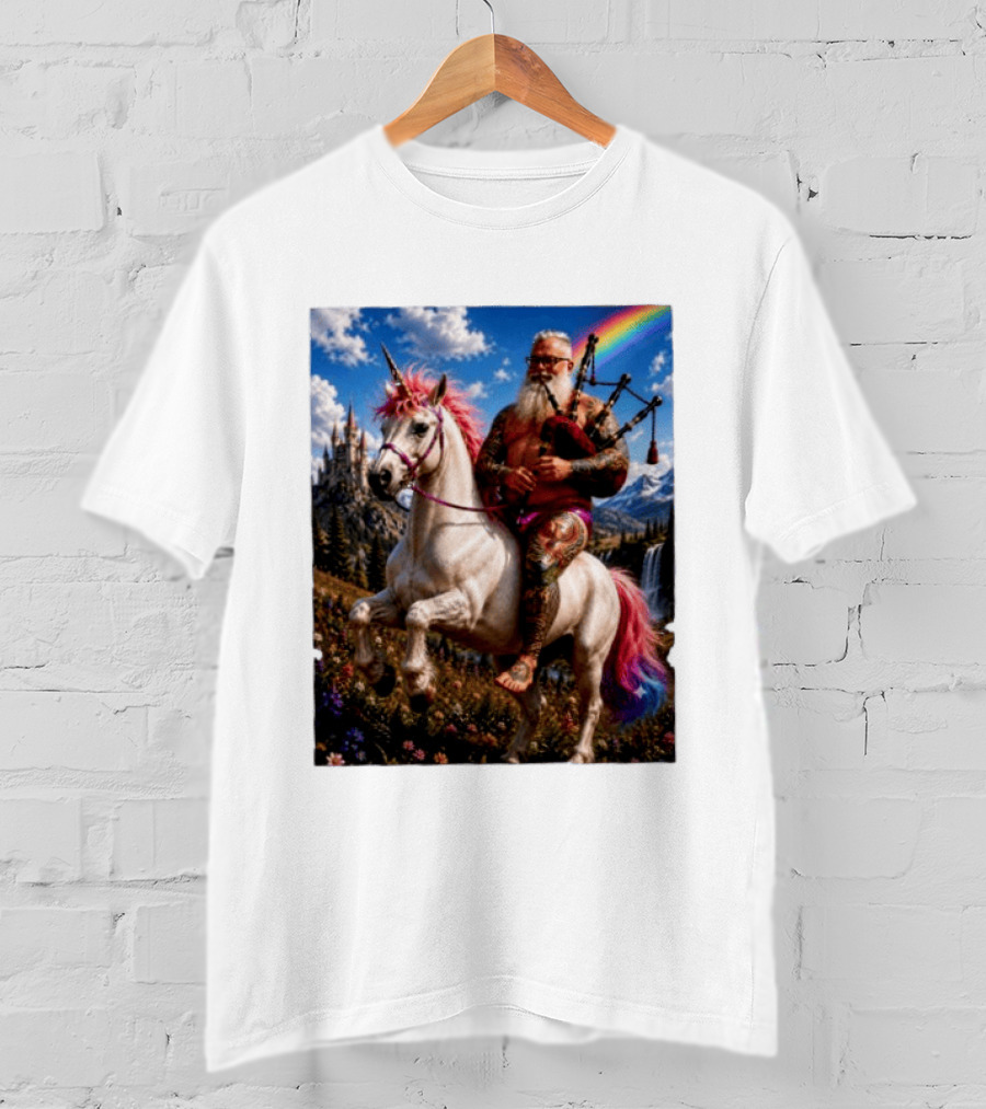Bearded Scotsman Playing Bagpipes Riding A Rainbow Unicorn In Enchanted Castle Landscape T-Shirt