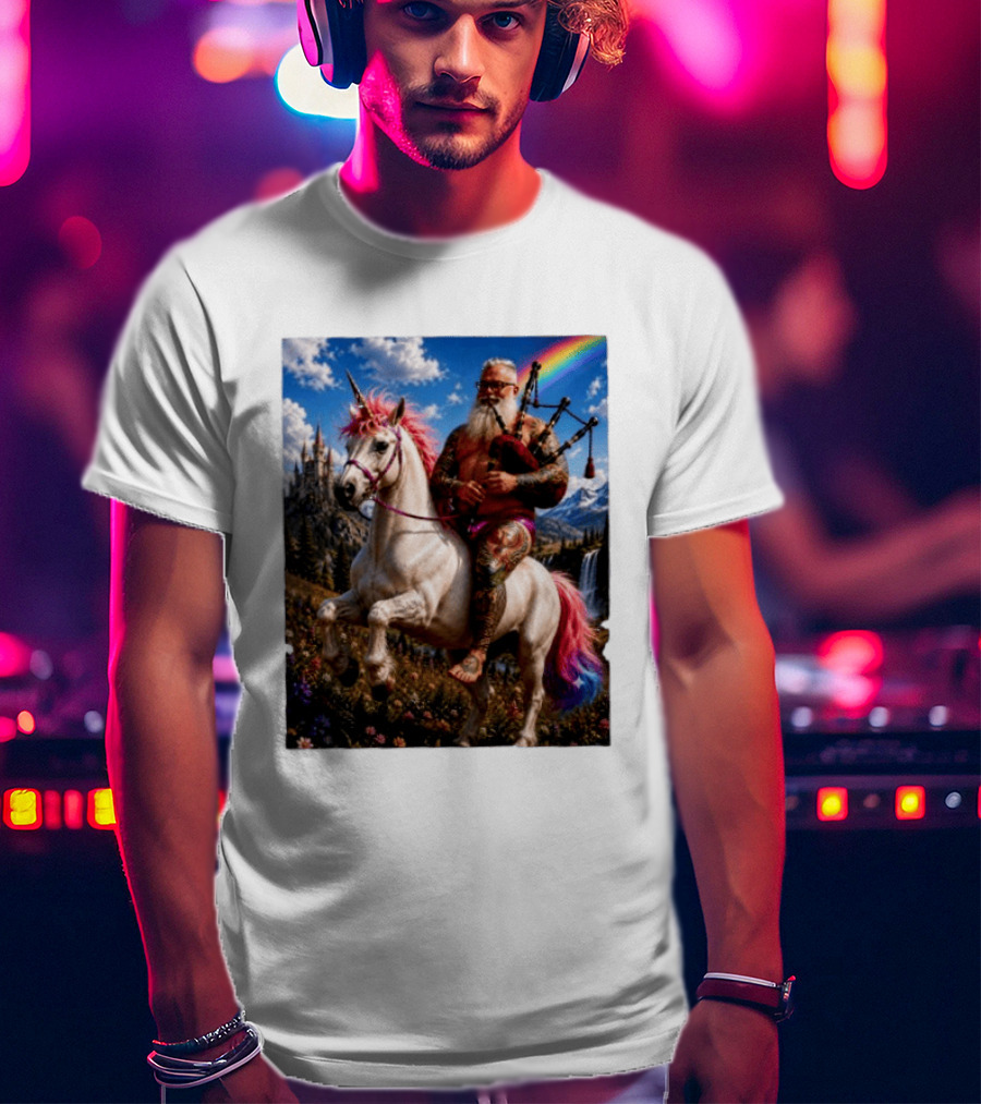Bearded Scotsman Playing Bagpipes Riding A Rainbow Unicorn In Enchanted Castle Landscape T-Shirt
