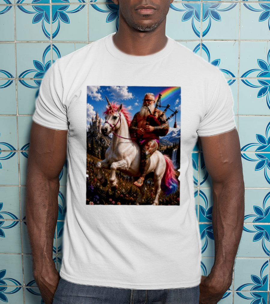 Bearded Scotsman Playing Bagpipes Riding A Rainbow Unicorn In Enchanted Castle Landscape T-Shirt