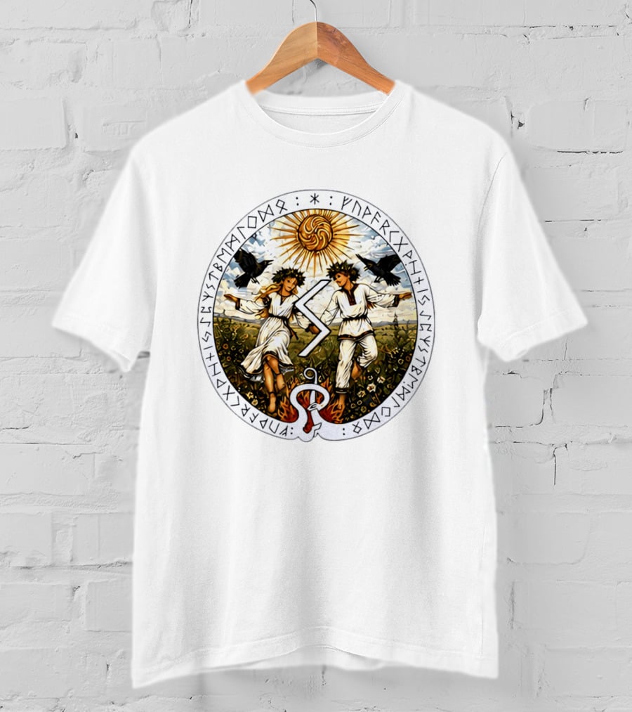 Seidr Sun Wheel Futhark Runes Pagan Folk Norse Mythology Ravens And Dancing Figures T-Shirt