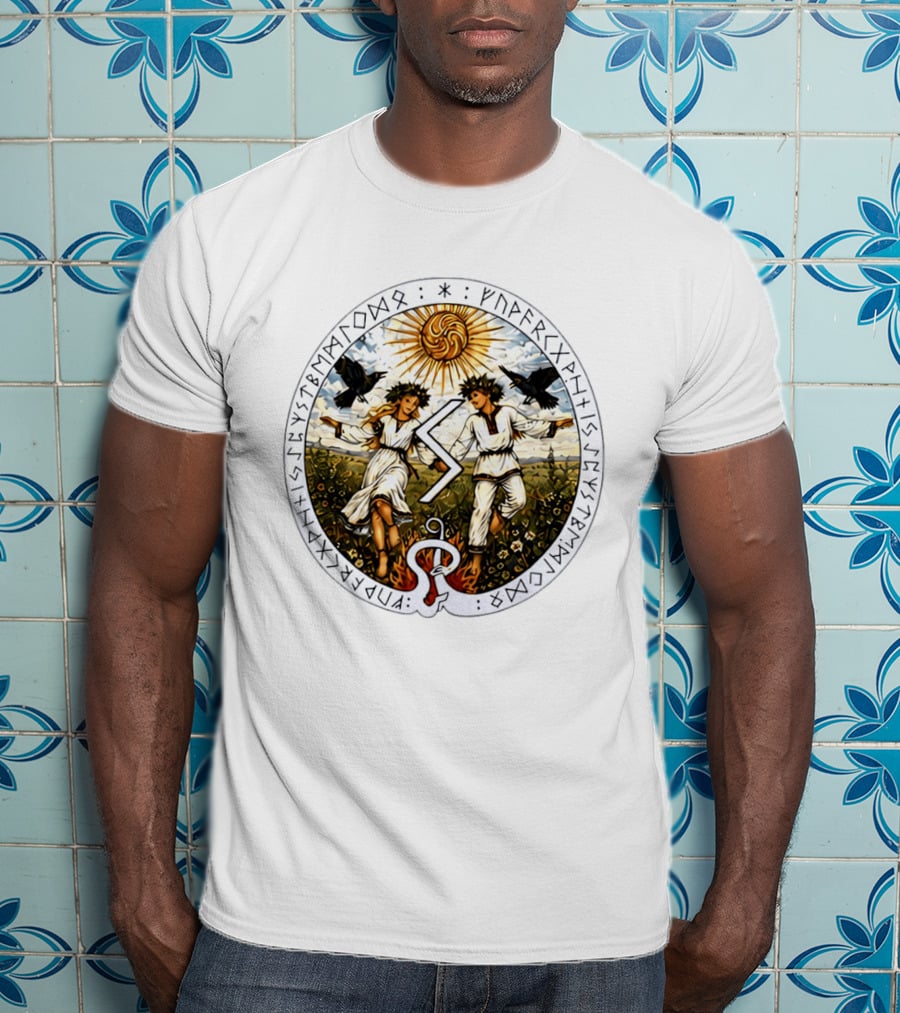 Seidr Sun Wheel Futhark Runes Pagan Folk Norse Mythology Ravens And Dancing Figures T-Shirt