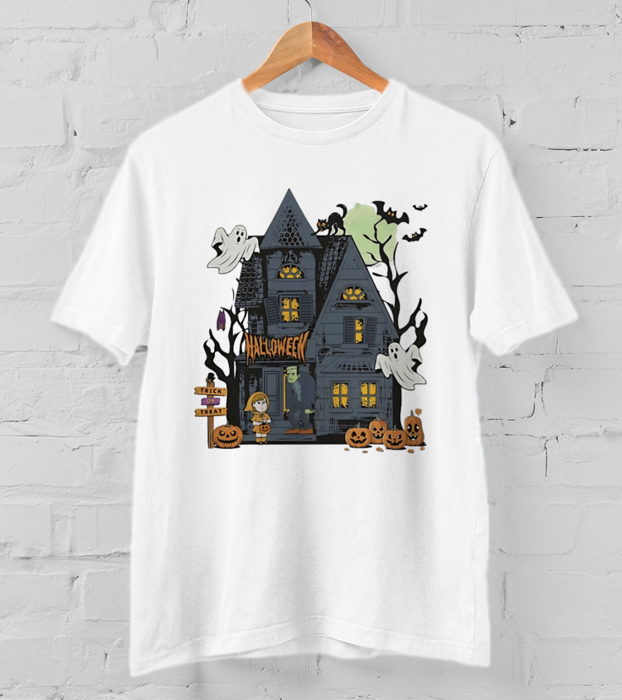 Halloween Haunted House With Frankenstein Trick Or Treat Ghosts And Pumpkins T-Shirt