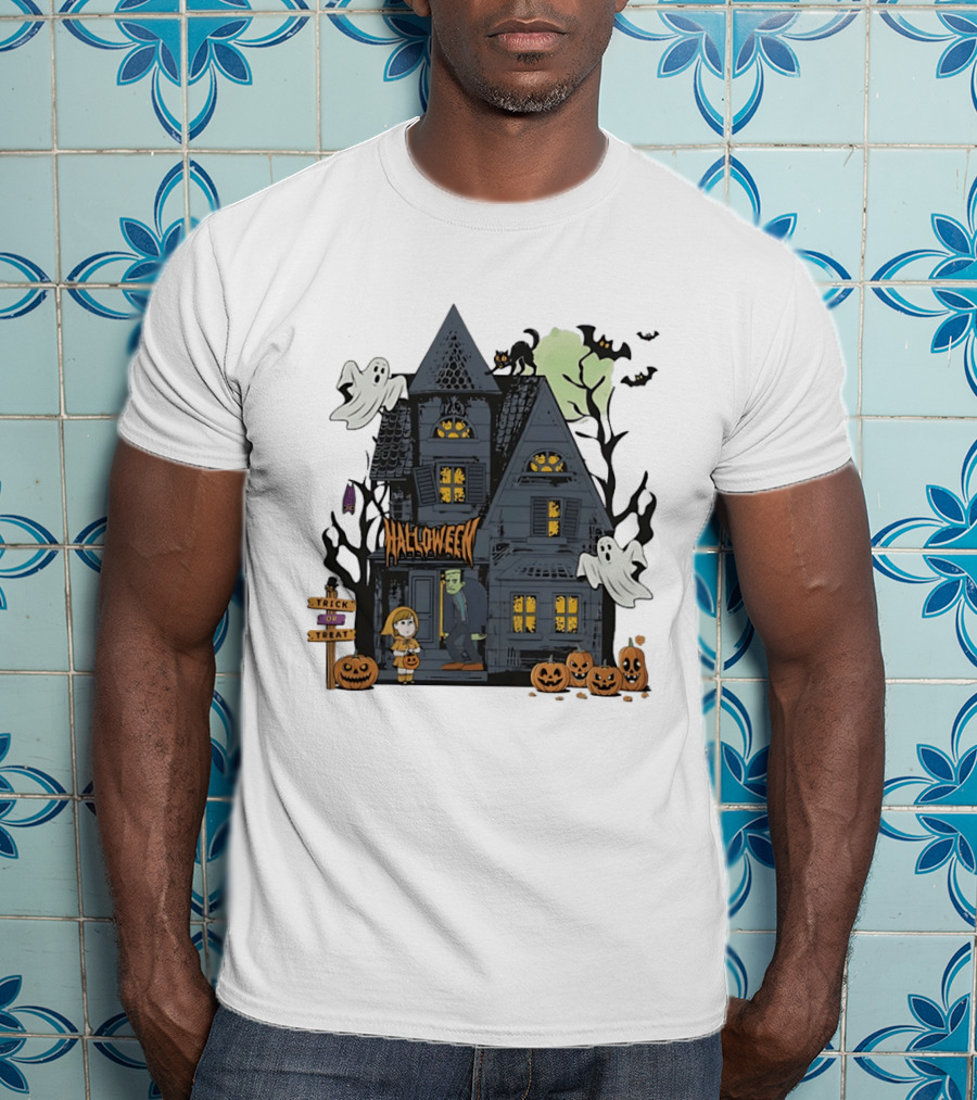 Halloween Haunted House With Frankenstein Trick Or Treat Ghosts And Pumpkins T-Shirt