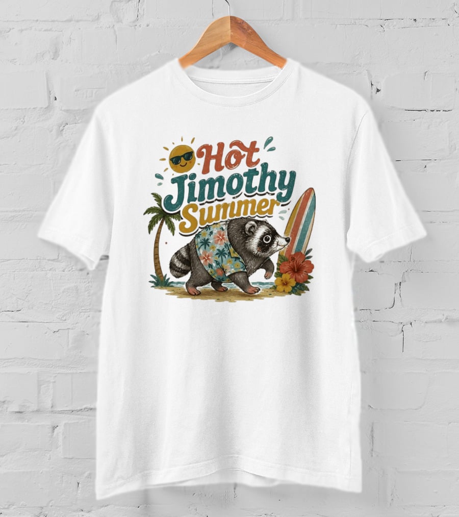 Hot Jimothy Summer Raccoon Tropical Surfing Vibes Vintage Paradise T-Shirt