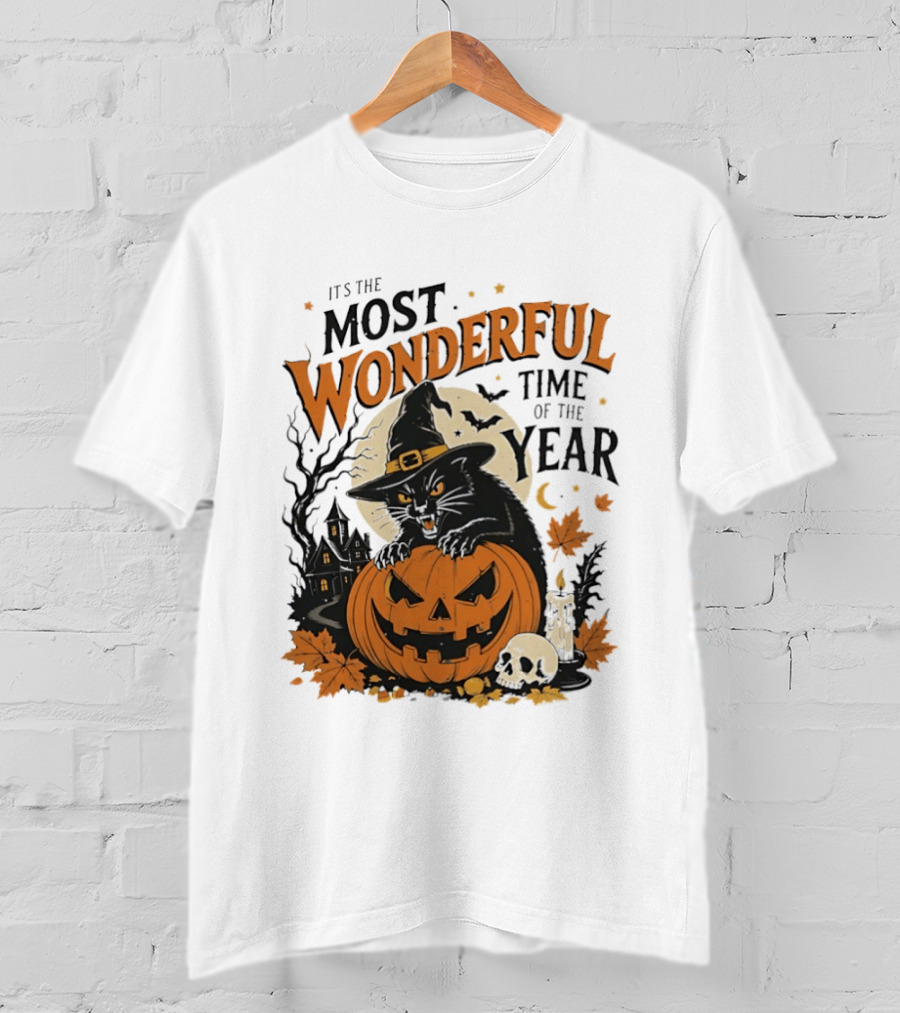 It's The Most Wonderful Time Of The Year Witch Cat And Pumpkin Halloween T-Shirt