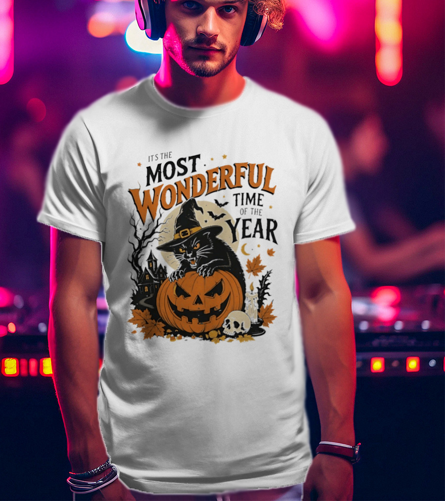 It's The Most Wonderful Time Of The Year Witch Cat And Pumpkin Halloween T-Shirt