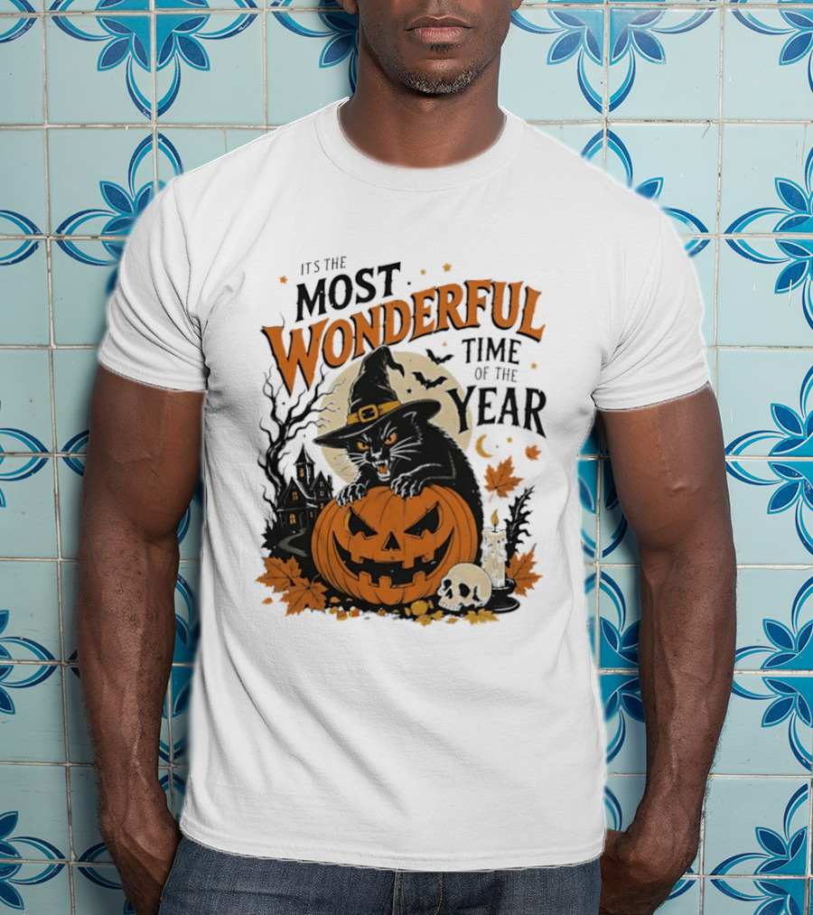 It's The Most Wonderful Time Of The Year Witch Cat And Pumpkin Halloween T-Shirt
