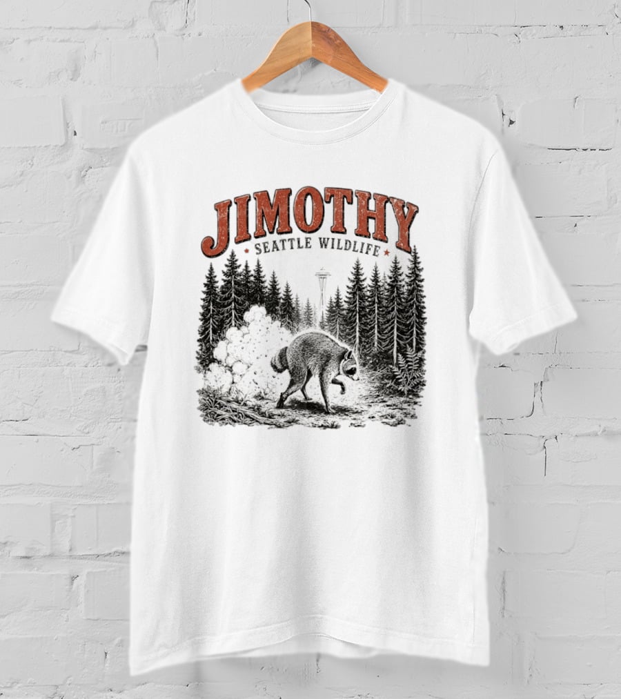 Jimothy Seattle Wildlife Raccoon With Space Needle Forest Scene T-Shirt